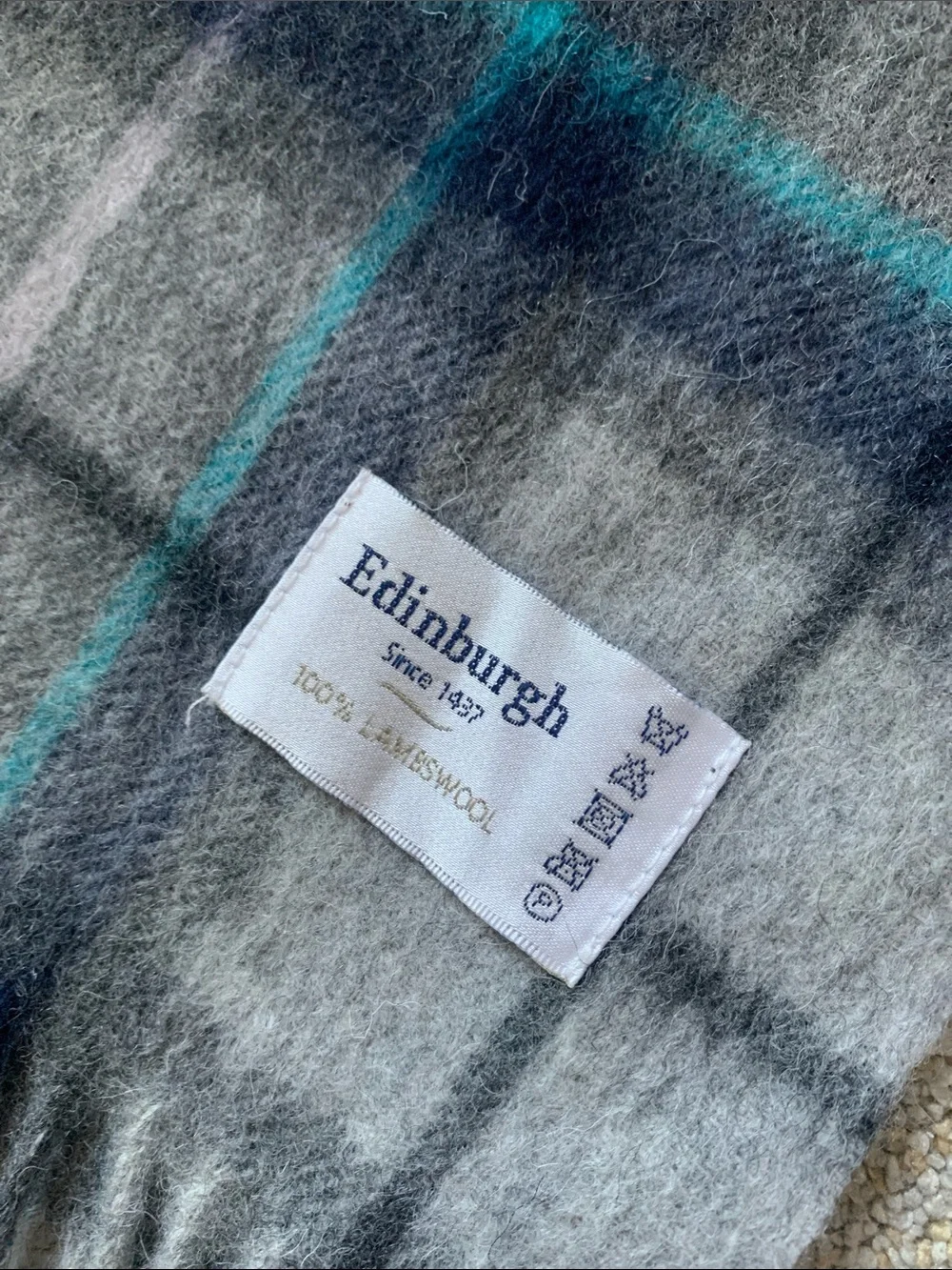 Edinburgh Plaid Men's Scarf in Gray and Teal 100% lambs wool